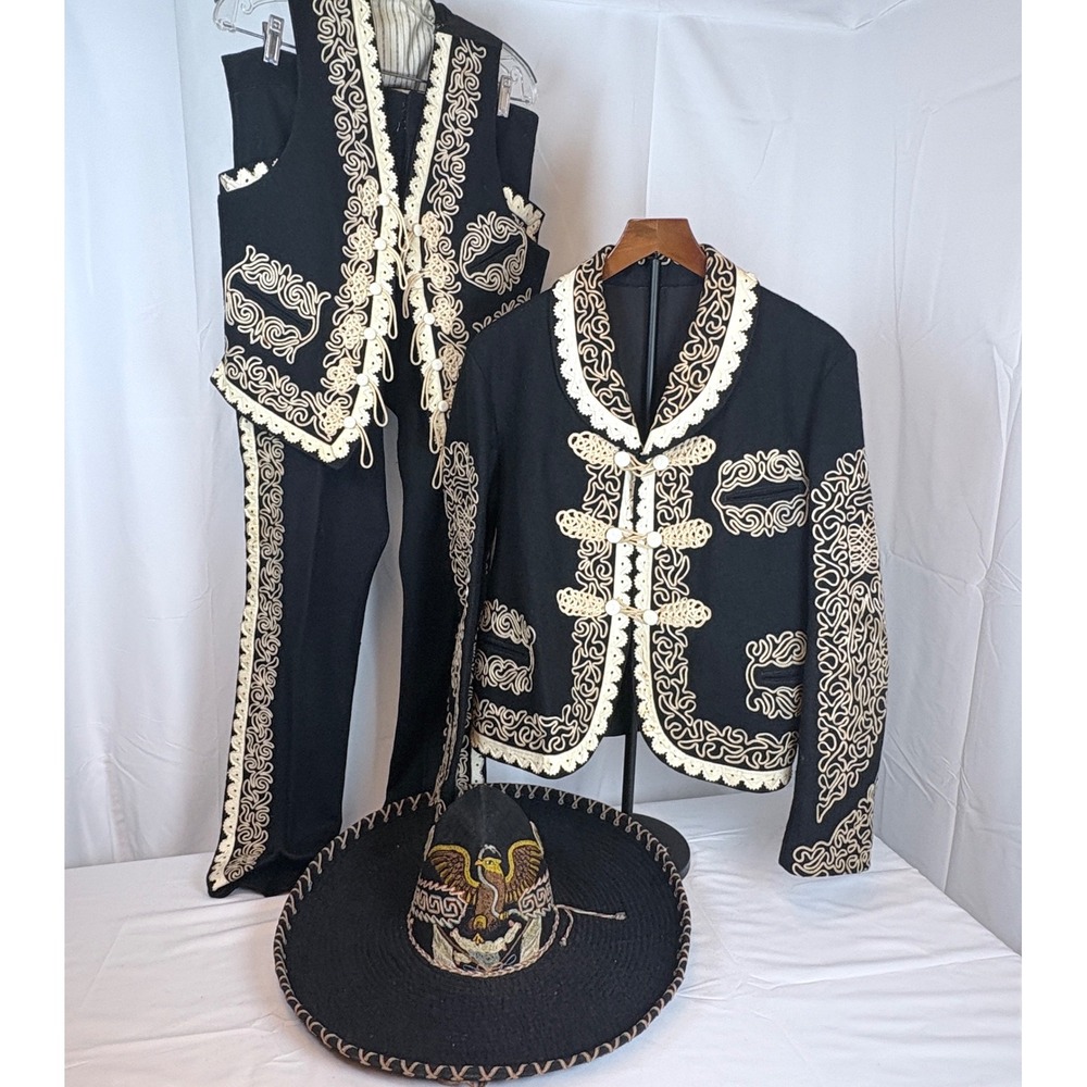 Vtg 1940s  Mexican Traje de Charro Black Wool Suit Leather Embroidery Sombrero